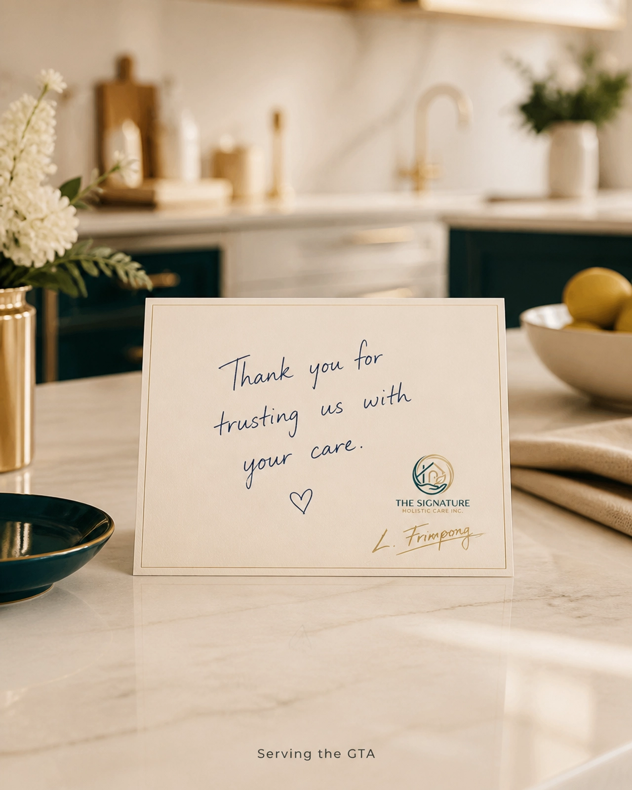 A handwritten Signature Holistic Care thank-you note left after a restorative home service